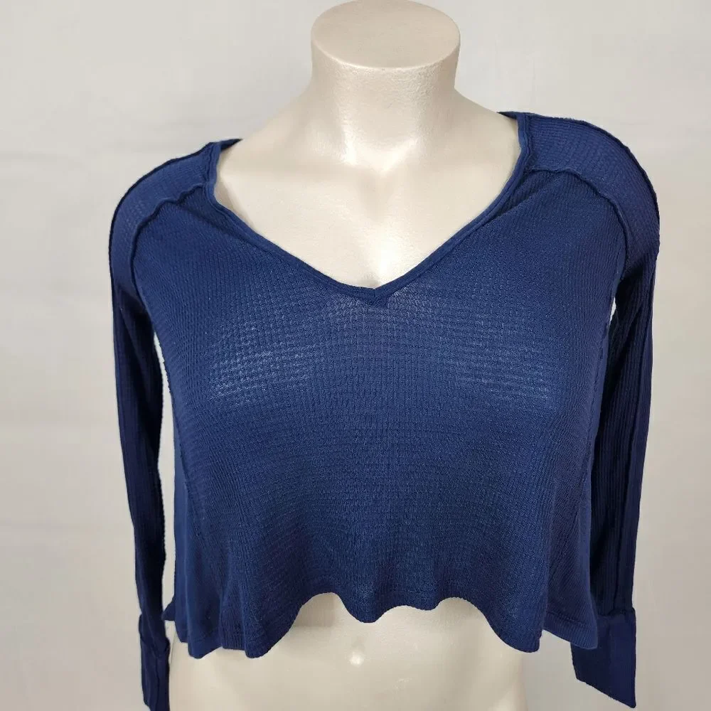 Free People Navy Blue Exposed Seam Waffle Knit Thermal Long Sleeve Top Sz XS